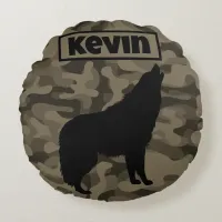 Modern Brown Camo Black Wolf Silhouette Monogram | Round Pillow