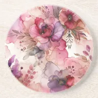 Pink and Purple Flowers Alcohol Ink Illustration  Coaster