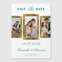 Emerald Vintage Frame Script 3 Photo Save The Date Magnetic Invitation