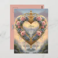 Victorian, golden heart with flowers and saying postcard