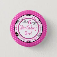 Peeking Cats Birthday Girl Pink Polka Dot Button