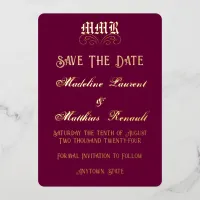 Monogram Elegant Burgundy & Gold Save the Date Foil Invitation