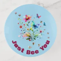 Simple Floral Watercolor Monogram Bee on blue  Trinket Tray