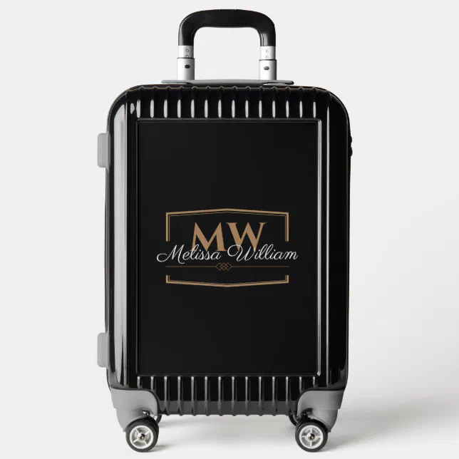 Black White Gold Monogram Name Script Luggage