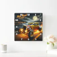 Hot rod racing by the moonlit lake square wall clock