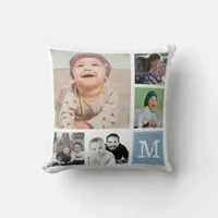 Blue Custom 10 Photo Collage Gallery Monogram Throw Pillow