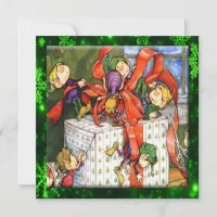 Merry Elves Wrapping Present Flat Card