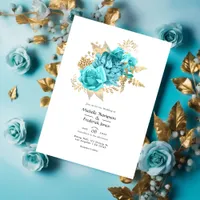 Aqua and Gold Floral Wedding Invitation