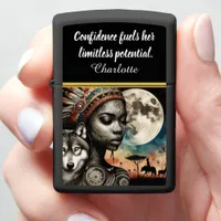 Enchanting woman with wolf under moon zippo lighter