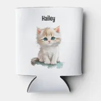 Watercolor Adorable Kitten with Blue Eyes  Can Cooler