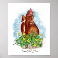 Hand drawn Chicken Art | Cute Chicken in Flowers Poster