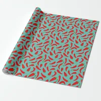 Red Chillies Pattern on Teal Blue Wrapping Paper