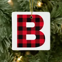 Holiday Red and Black Buffalo Plaid Monogram B Ceramic Ornament