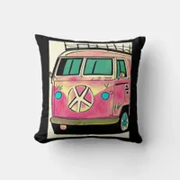 Pink Retro Hippie Van Vintage Colors Art Throw Pillow