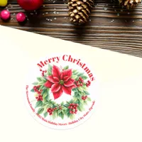 Red Berries Holly Leaves Poinsettias Christmas Classic Round Sticker