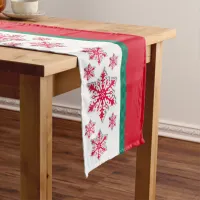 Merry Christmas Snowflakes & Green Plaid Ribbon Short Table Runner
