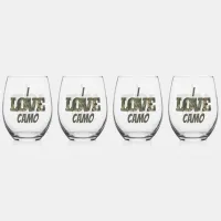 I Love Camouflage Green Brown | Stemless Wine Glass