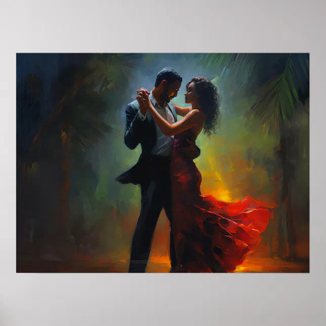 Cuban couple salsa dancing at night in Miami Poster