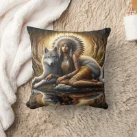 Native American Woman Merging With Wolf Reflection Throw Pillow