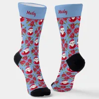 Santa Poinsettia Traditional Blue Red Christmas Socks