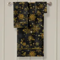 Prettiest Snowflakes Pattern Black/Gold ID846  Bath Towel Set