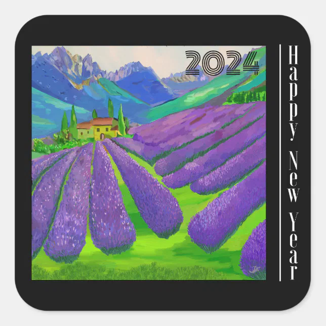 Happy New Year - Lavender fields in front of mount Square Sticker