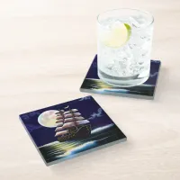 Illuminated Ship on the Ocean under the Moon Glass Coaster