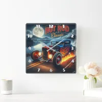 Classic hot rod cruising by the moonlit lake square wall clock