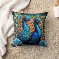 Vibrant Peacocks Displaying Beauty Among Flowers Throw Pillow