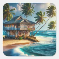 Pretty Log Cabin Beach House   Square Sticker