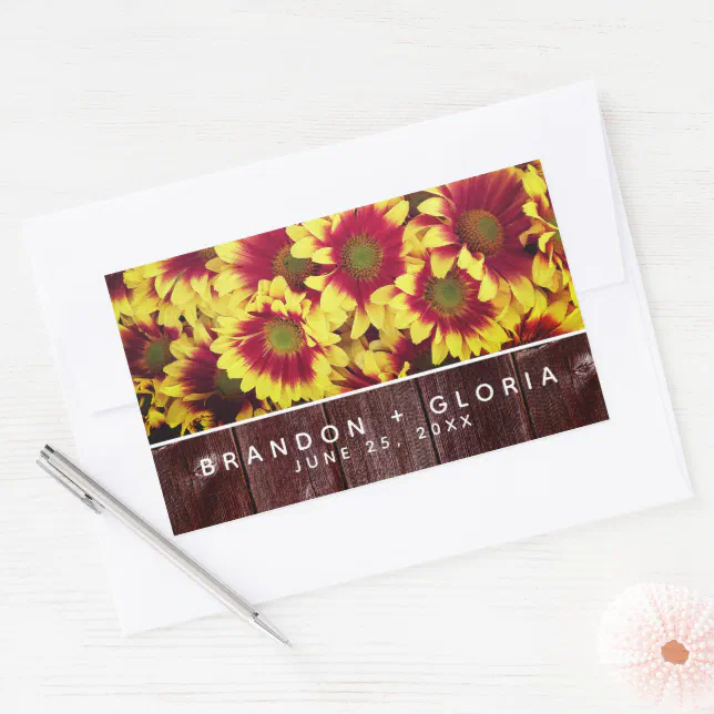 Rustic Autumn Sunflowers on Fence Wedding Rectangular Sticker