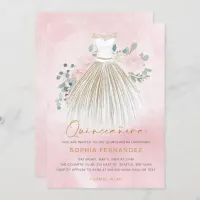 Blush Pink gold glitter Floral Dress Quincea&#241;era Invitation