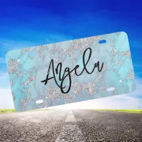 Pale Aqua Blue Silver Glitter Marble Calligraphy License Plate