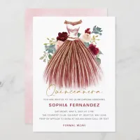 Burgundy gold glitter Floral Dress Quincea&#241;era Invitation