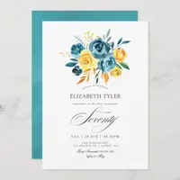 Turquoise and Yellow Floral 70th Birthday Party Invitation