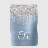 Monogrammed Light Blue and Silver Dripping Glitter Golf Towel