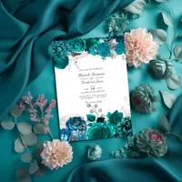 Teal and Silver Floral Wedding QR Code Rsvp Invitation