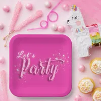 Girly Pink Gold Glitter Modern Let's Party Paper Plates