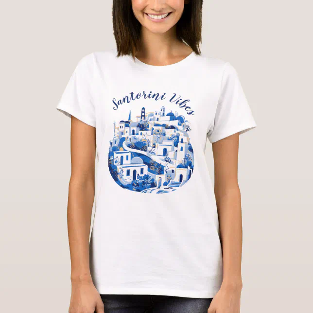 Cool Sketch Blue Santorini Travel Illustration Art T-Shirt