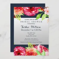 bohemian navy silver floral modern Shower Invite