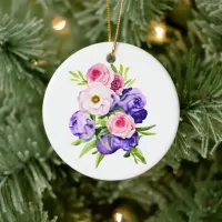 Personalized Pink and Purple Flowers Christmas Ceramic Ornament