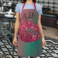 Modern Glam Red Glittery Kiss Lipstick Imprint Apron