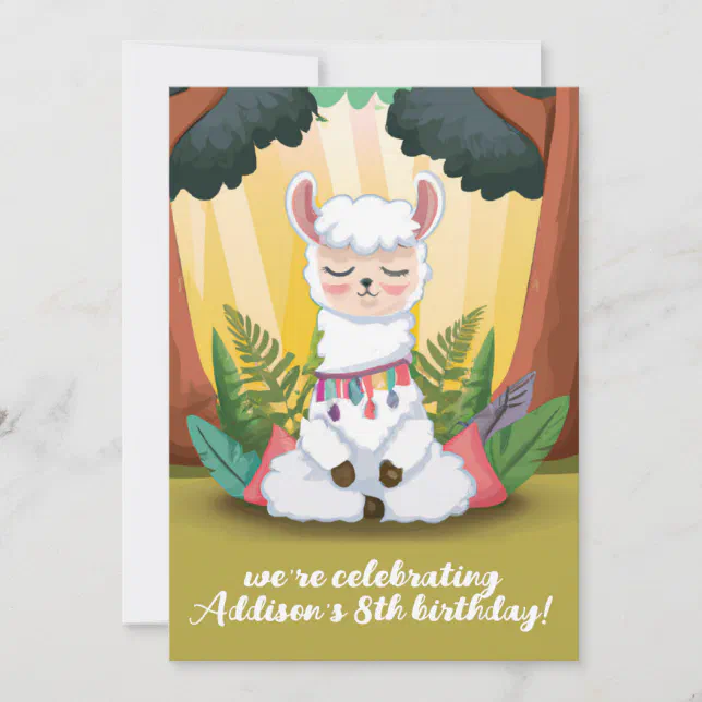 Cute Llama Meditating in Magical Forest Birthday Invitation