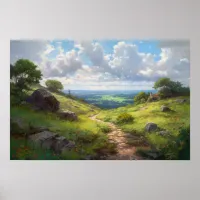 Oil painting of winding path on hilltop meadow poster