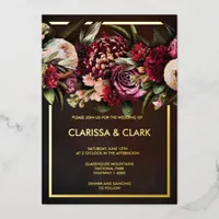 Dark Moody Bold Floral Marsala Wedding  Foil Invit Foil Invitation