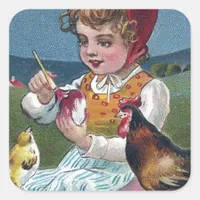 Vintage Easter Girl Painting Egg With Chickens Square Sticker