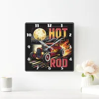 Classic hot rod racing under a full moon at night square wall clock