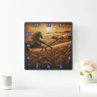 Black Horse Galloping at Sunset Square Wall Clock