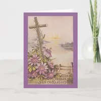 Vintage Easter Cross and Purple Flowers Holiday Card