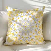 Yellow and Gray Greek Key Meander Mandala Pattern Throw Pillow